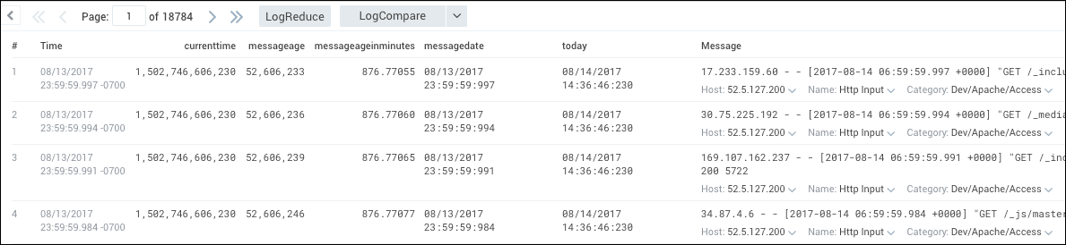 A screenshot of a Sumo Logic log query results table with columns for time, currenttime, messageage, messageageinminutes, messagedate, today, and message. The timestamps are in the format 'MM/DD/YYYY HH:MM.SSS -0700'