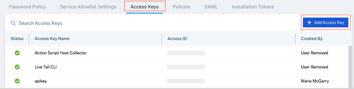 Sumo Logic interface showing a list of access keys with options to add a new access key, search access keys, and statuses of existing keys.