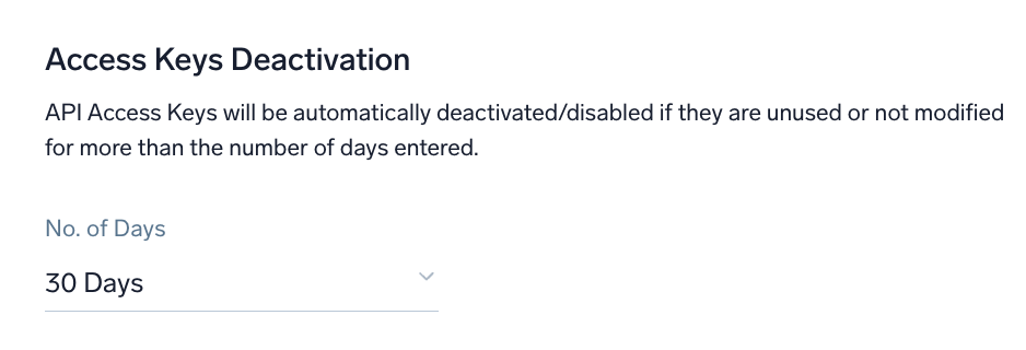 Access Keys Deactivation settings in Sumo Logic, allowing automatic deactivation of unused or unmodified API access keys after a specified number of days.