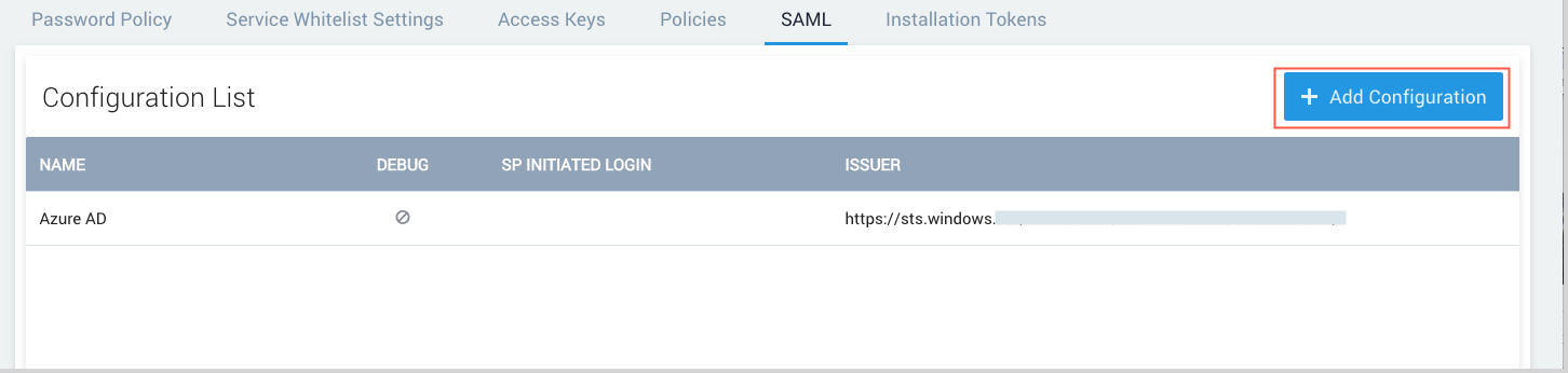 Add Configuration button on the Configuration List page