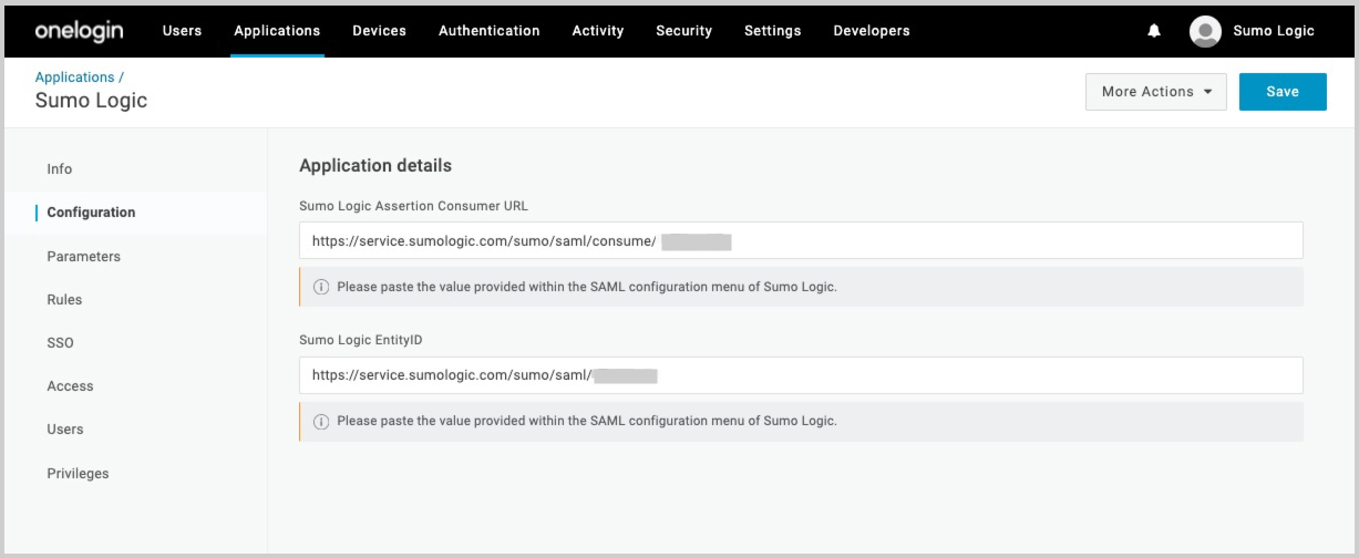 OneLogin configuration page