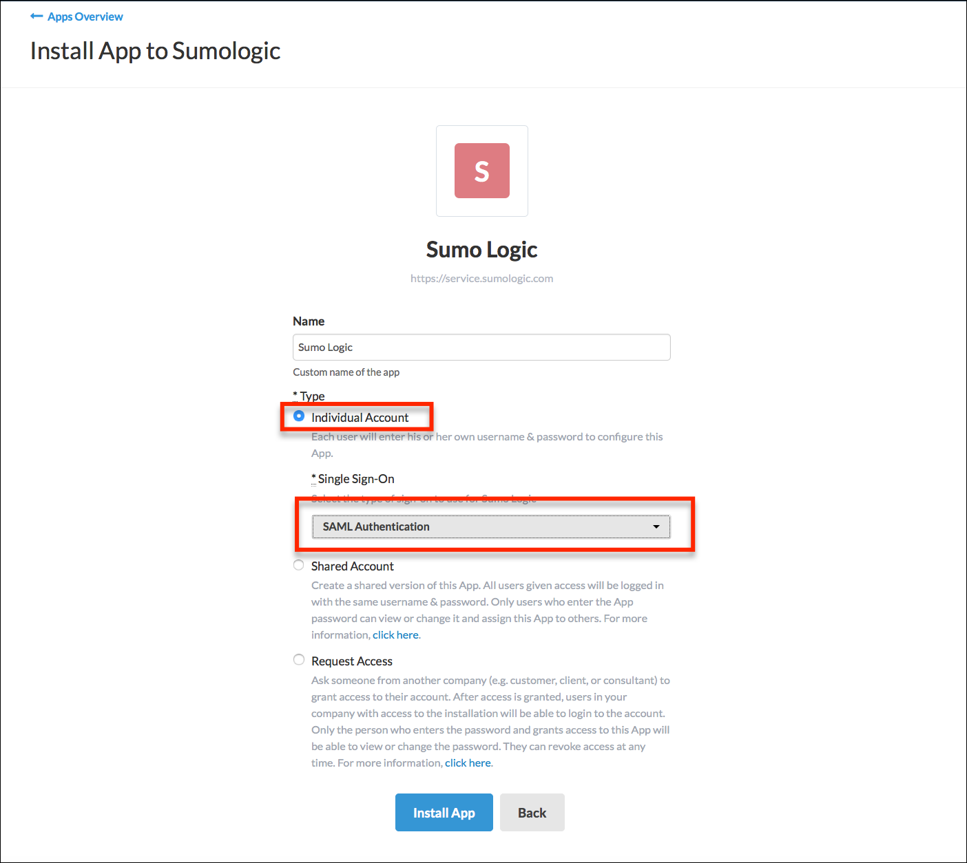 Individual Account on the App Install page