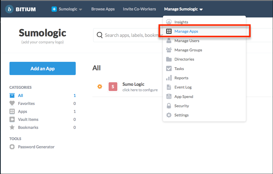 Manage Apps selected on dropdown menu