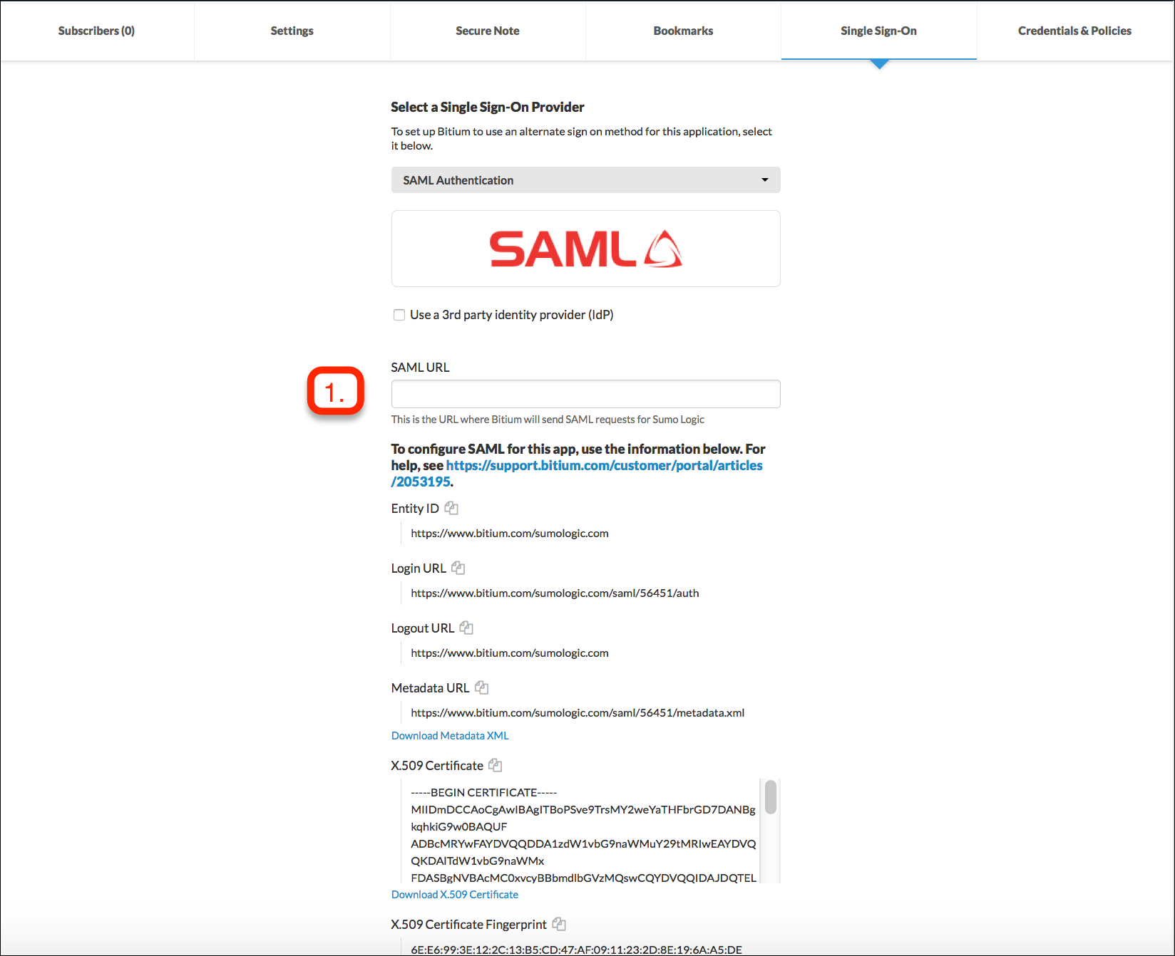 SAML URL field
