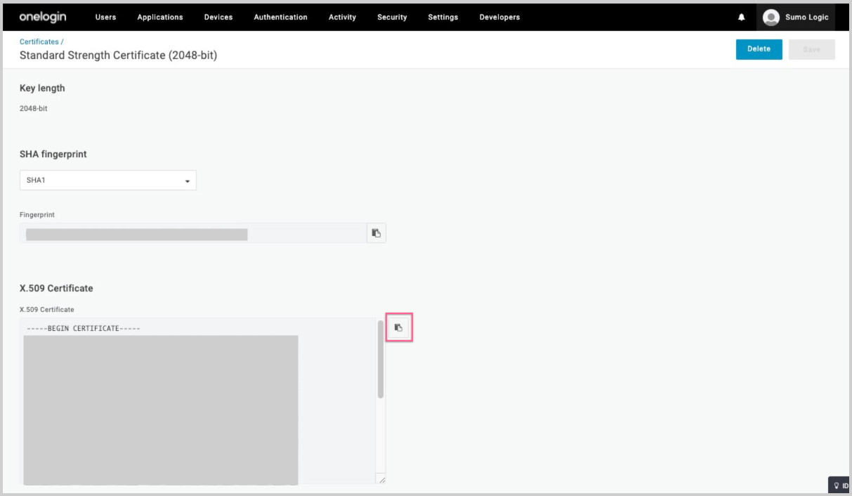 Copy button next to X.509 Certificate