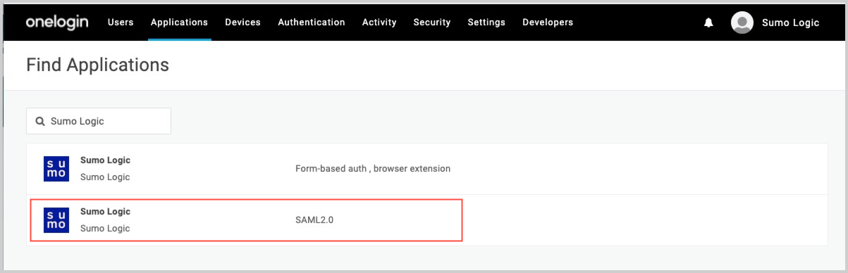 Sumo Logic app on the Find Applications menu