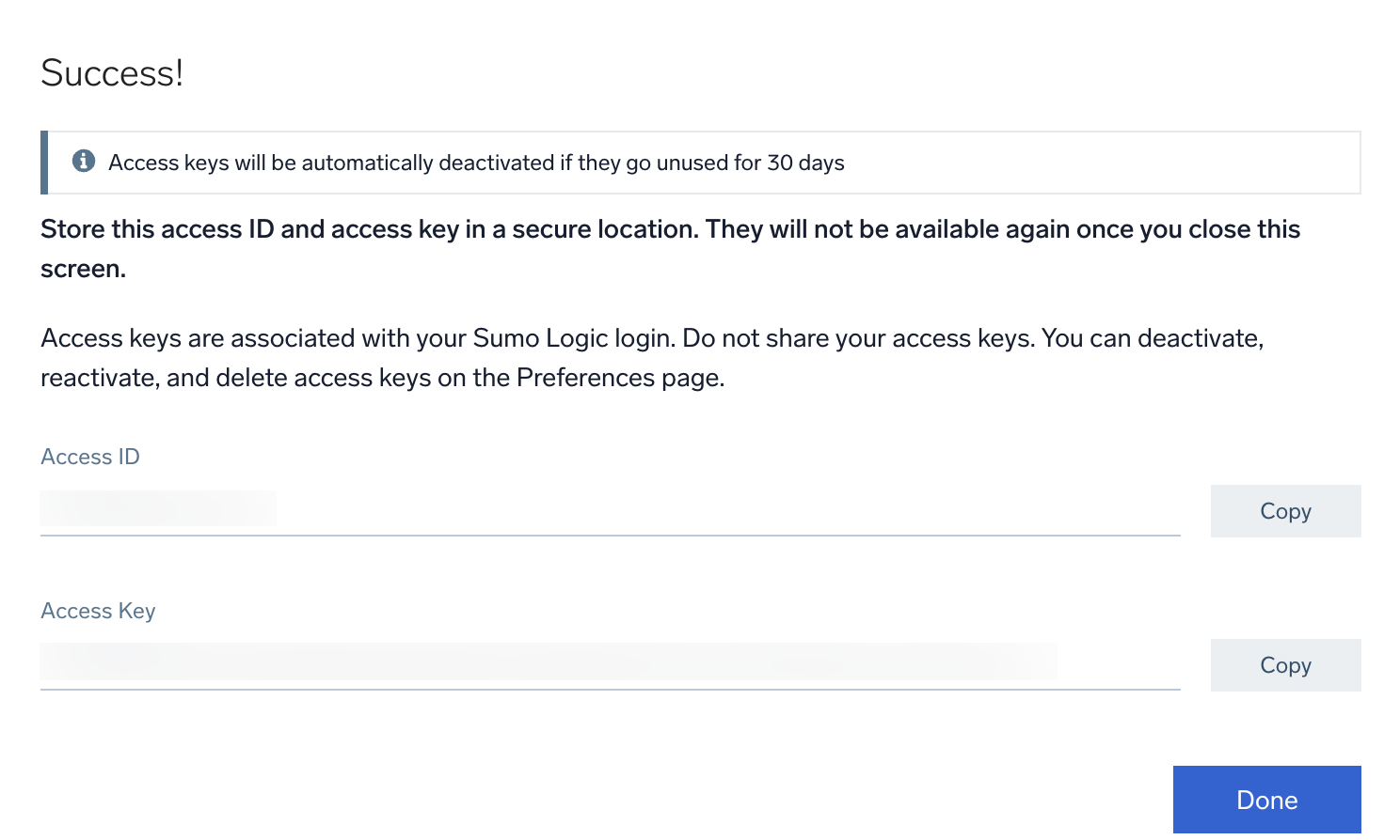 Access key successfully created message in Sumo Logic for creating an access key, showing the Access ID and Access Key with options to copy them, and a Done button.