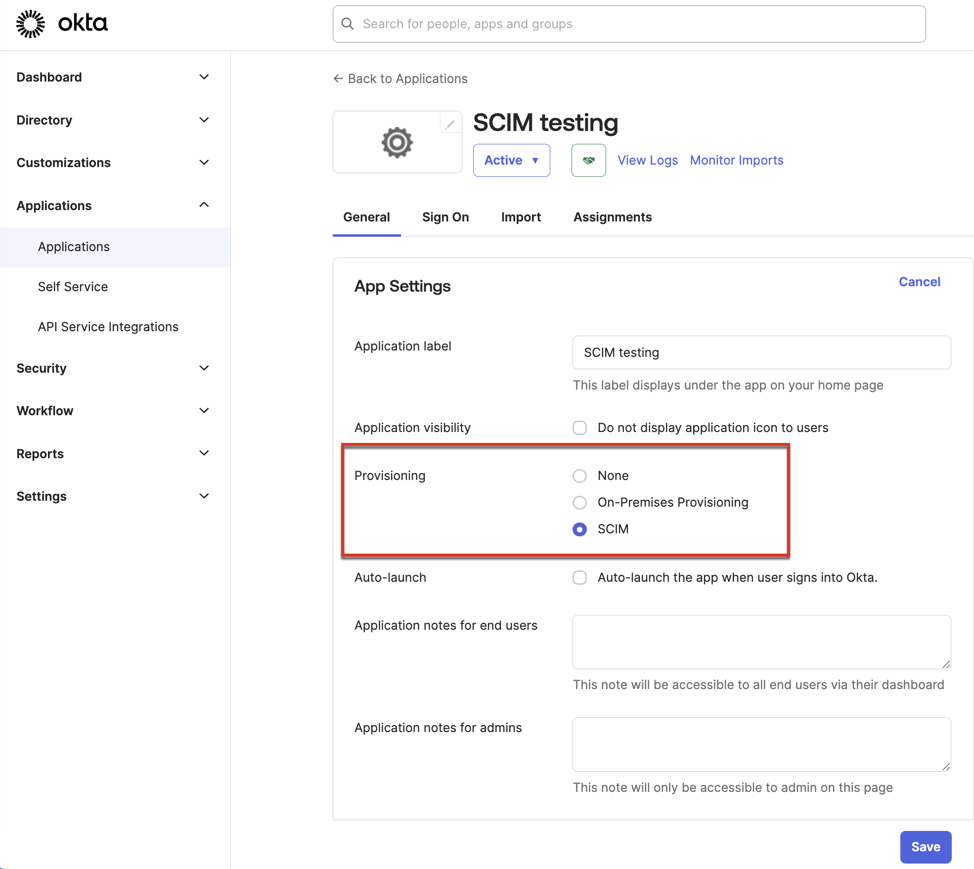 SCIM provisioning setting for the app