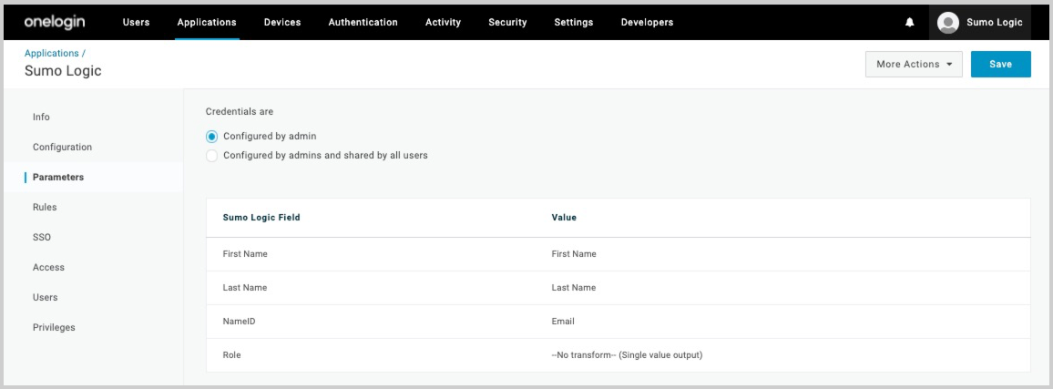 Parameters for the Sumo Logic app