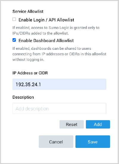 Enable Dashboard Allowlist** check box in Service Allowlist settings