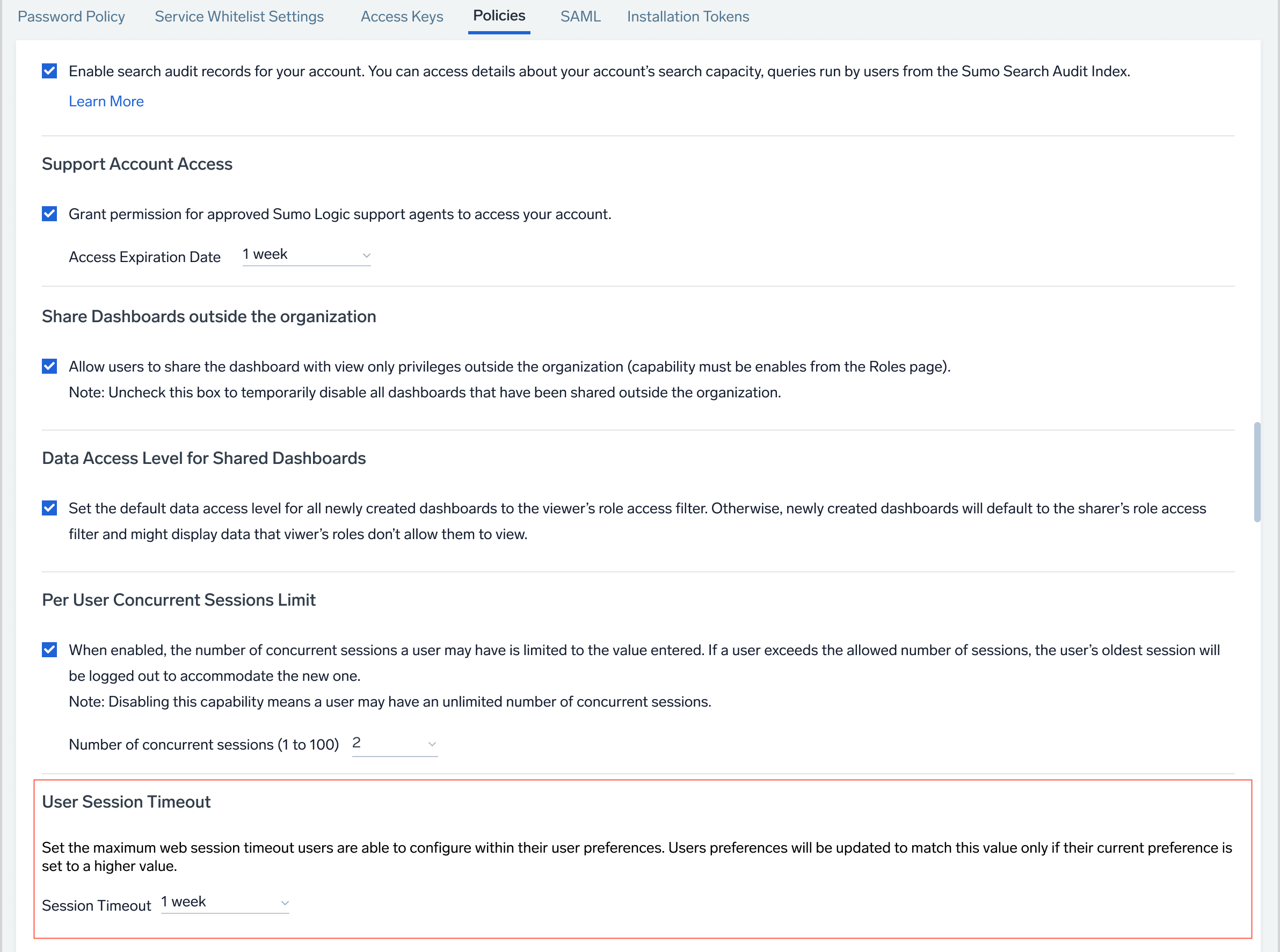 User Session Timeout section on the Policies tab