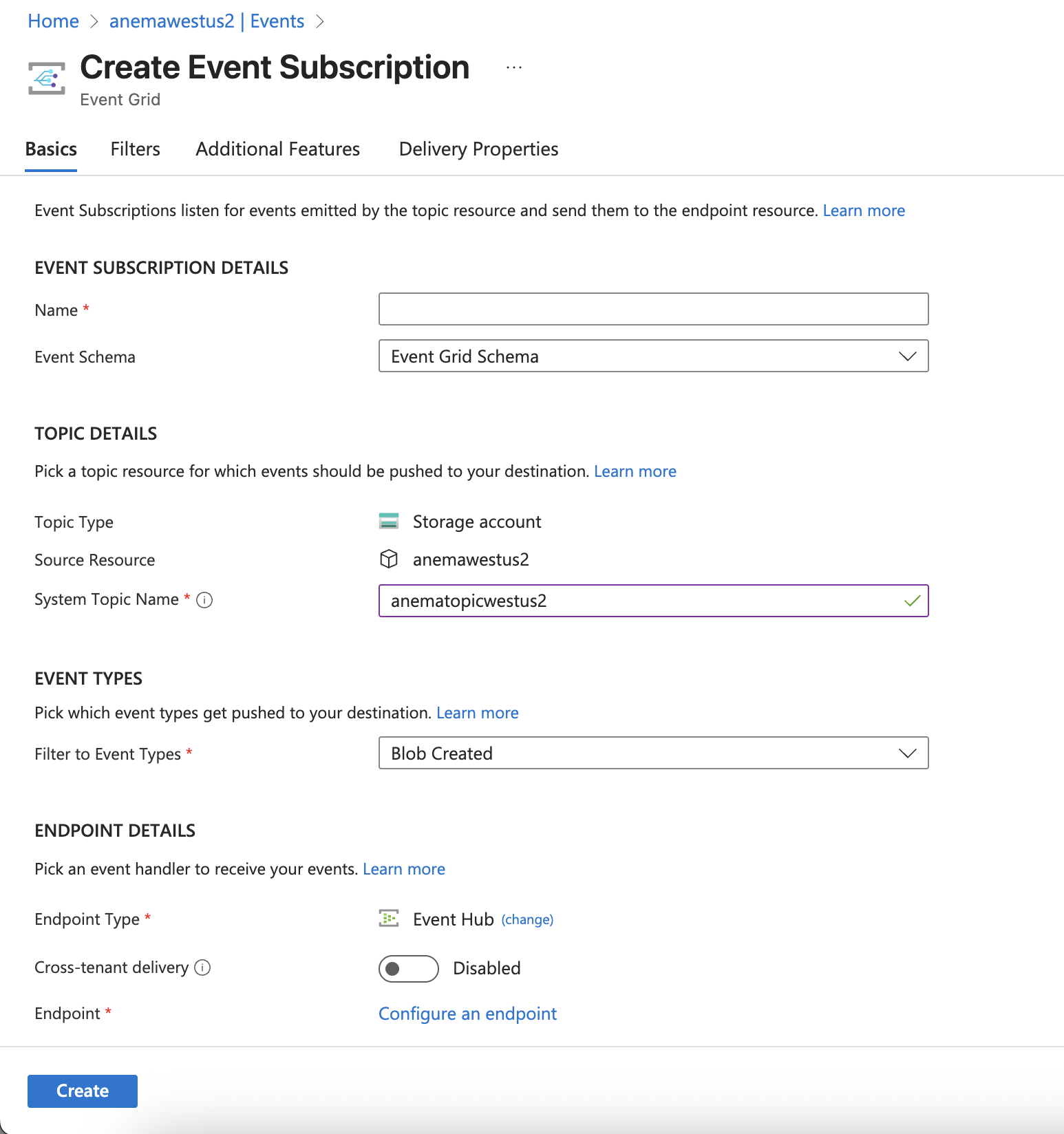 Azure Bob Event Subscription