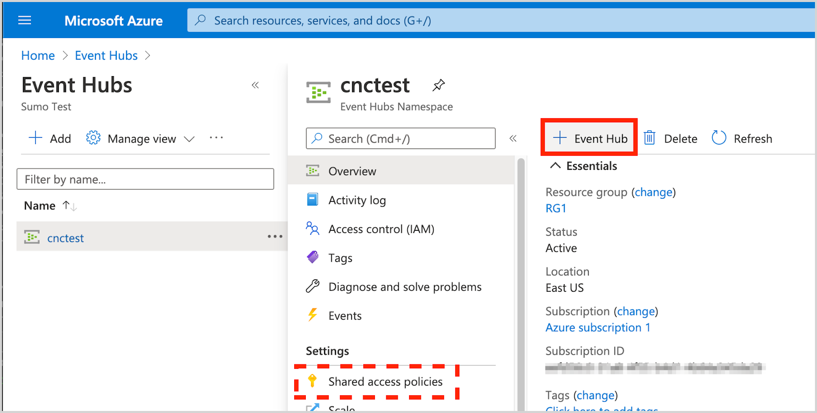Create Event Hubs instance