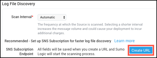 Log File Discovery settings with Create URL button highlighted