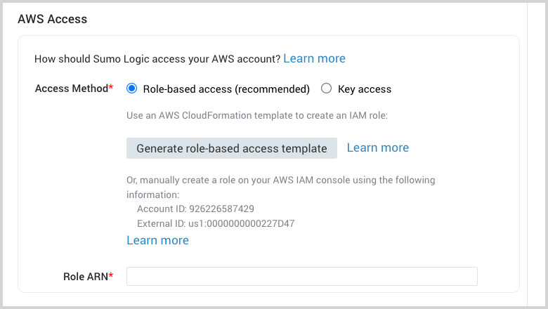 AWS Access configuration form showing options for 'Role-based access' and 'Key access'