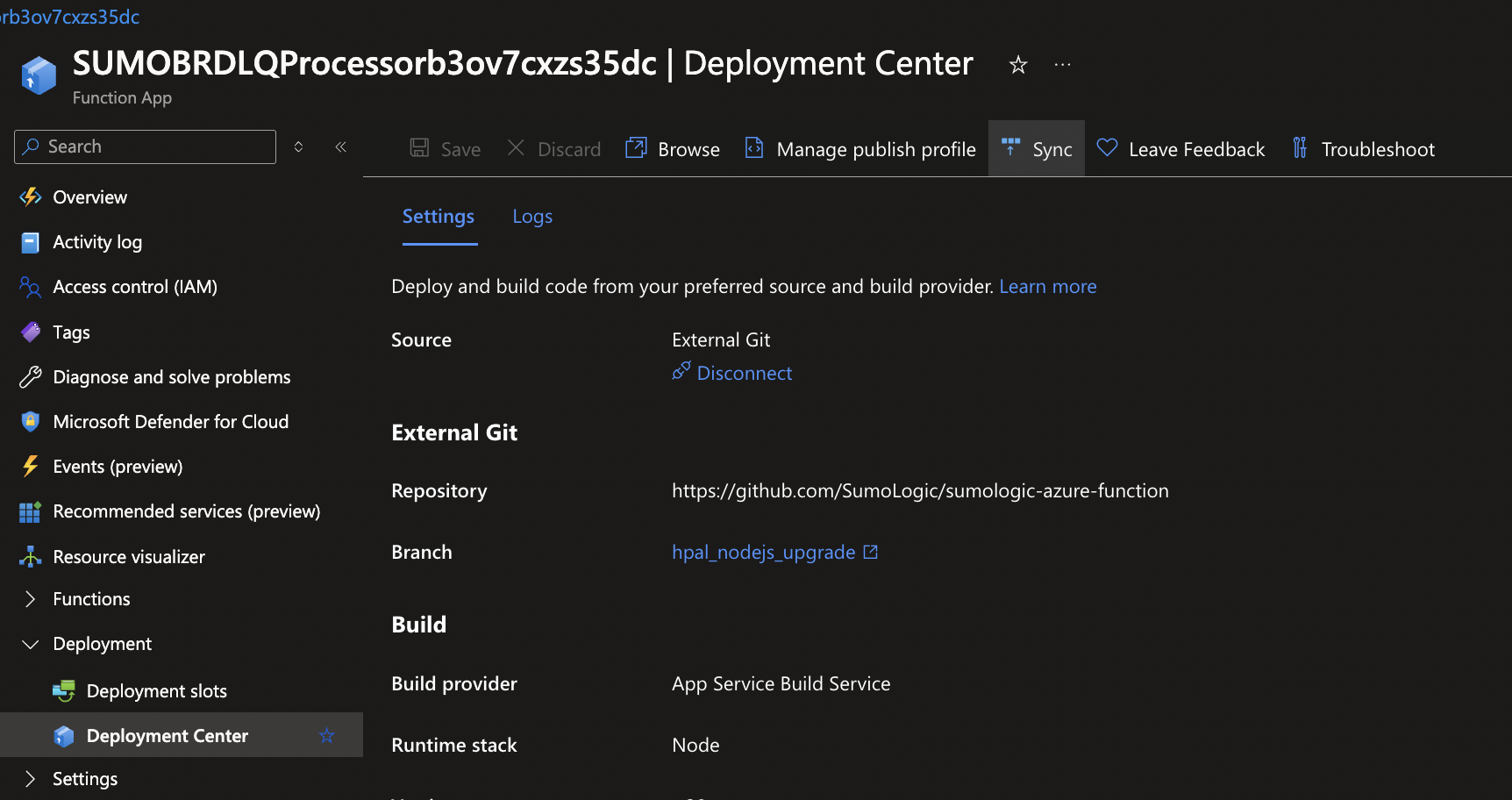 Azure function app sync