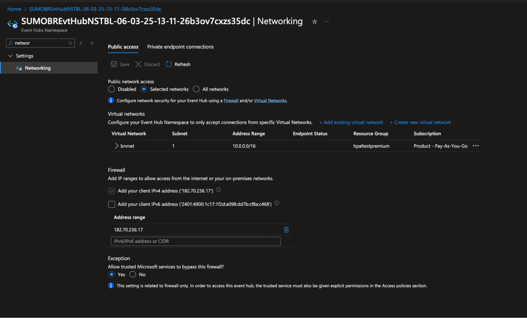 Event Hub networking configuration