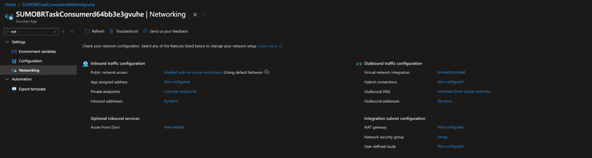 TaskConsumer VNet integration outbound configuration