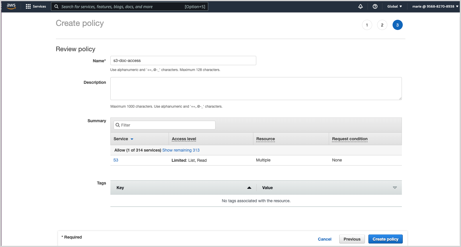 AWS IAM 'Create policy' interface showing a summary of the policy named 's3-doc-access', with allowed actions on S3 service