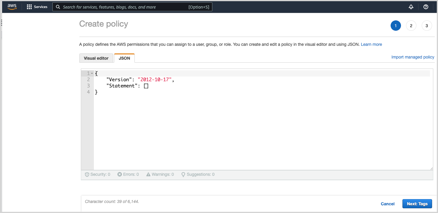 AWS IAM 'Create policy' interface using JSON editor to define policy with fields for version and statement