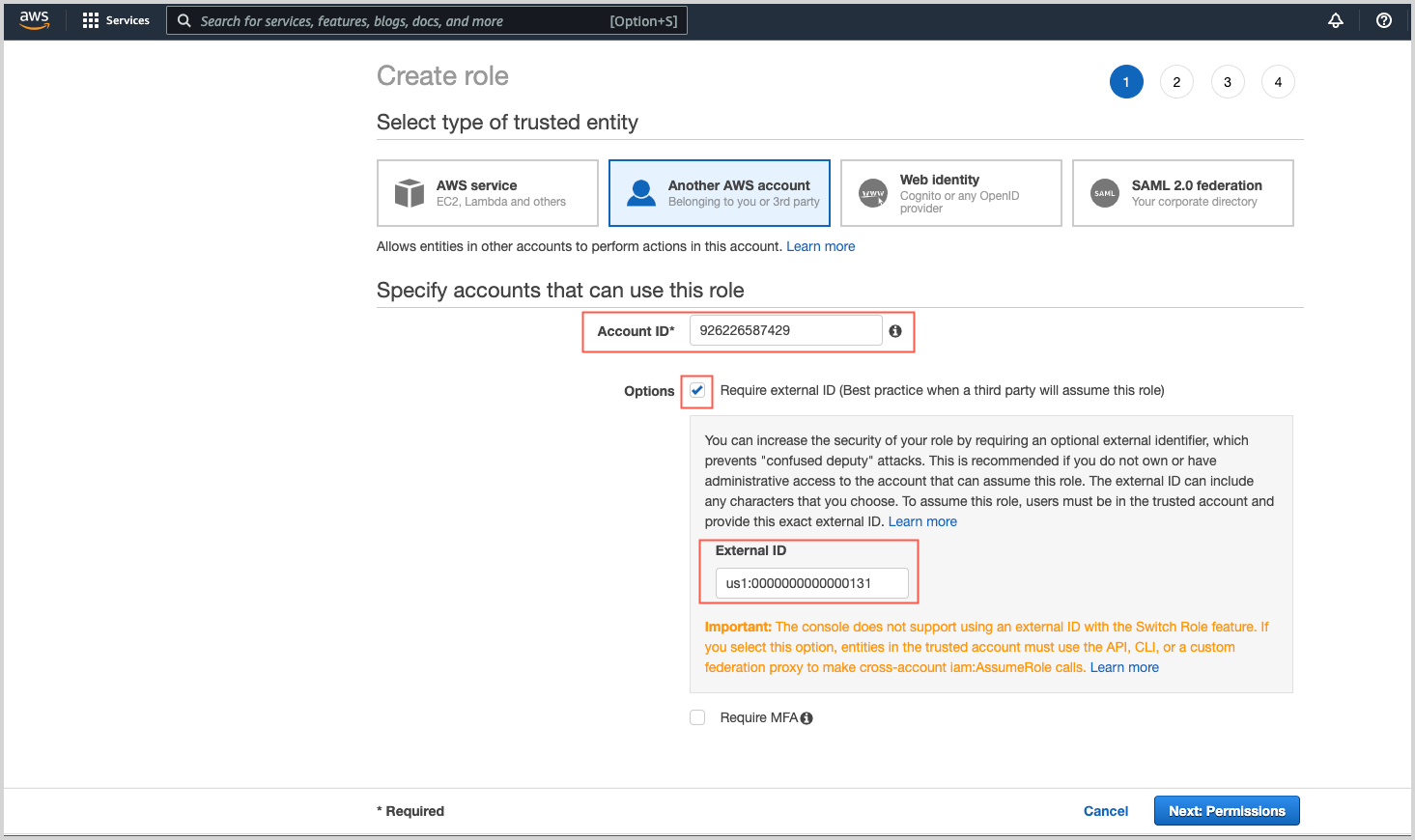 AWS IAM 'Create role' interface specifying trusted entities and accounts, highlighting fields for Account ID and External ID