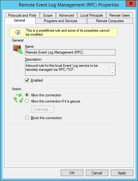 Remote Event Log Management properties