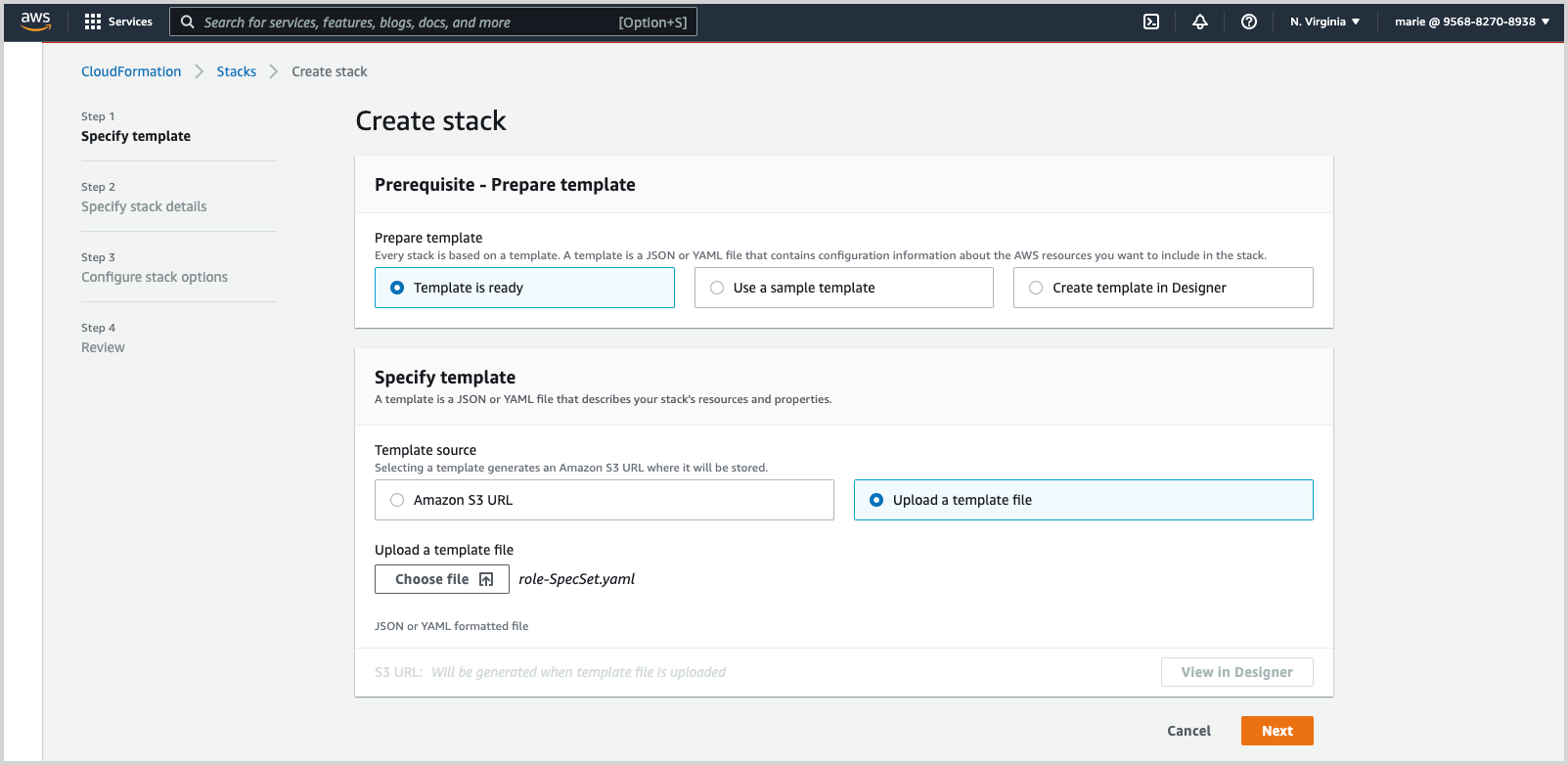 AWS CloudFormation 'Create stack' interface