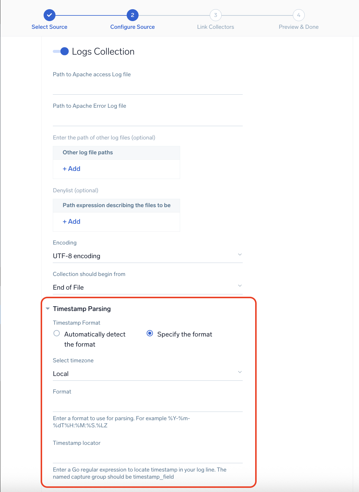 Screenshot of the Timestamp parsing section for logs in Sumo Logic, focusing on the timestamp format settings