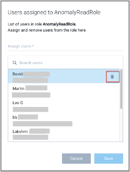 Trash can icon on user row