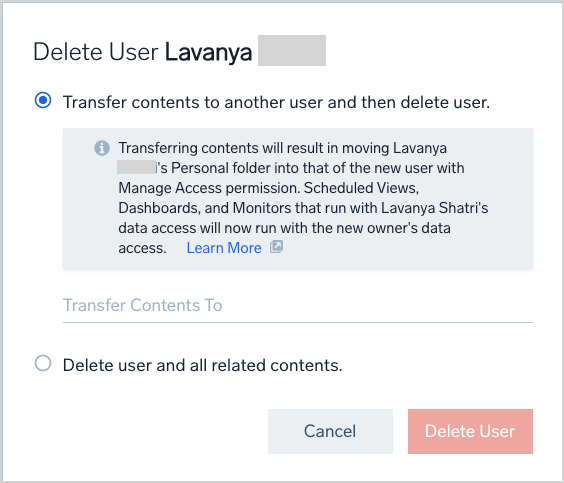 Delete dialog with transfer option selected