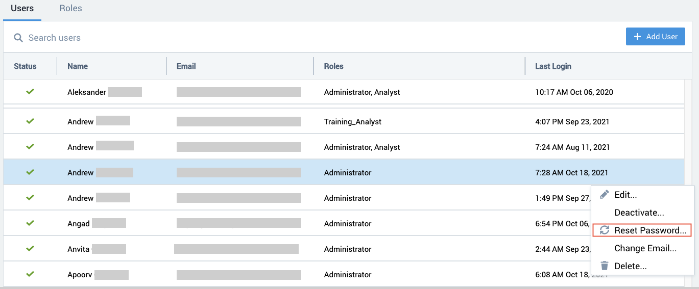 Reset Password option selected on the kebab menu on the Users page