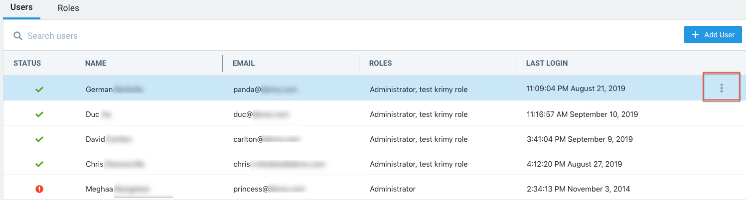 Users tab with kebab menu option highlighted