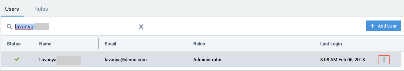 Kebab menu option highlighted on Users page