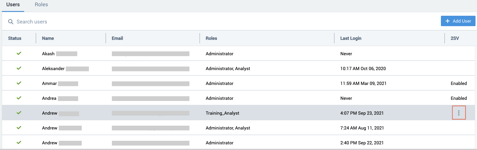 Kebab menu option highlighted on Users page
