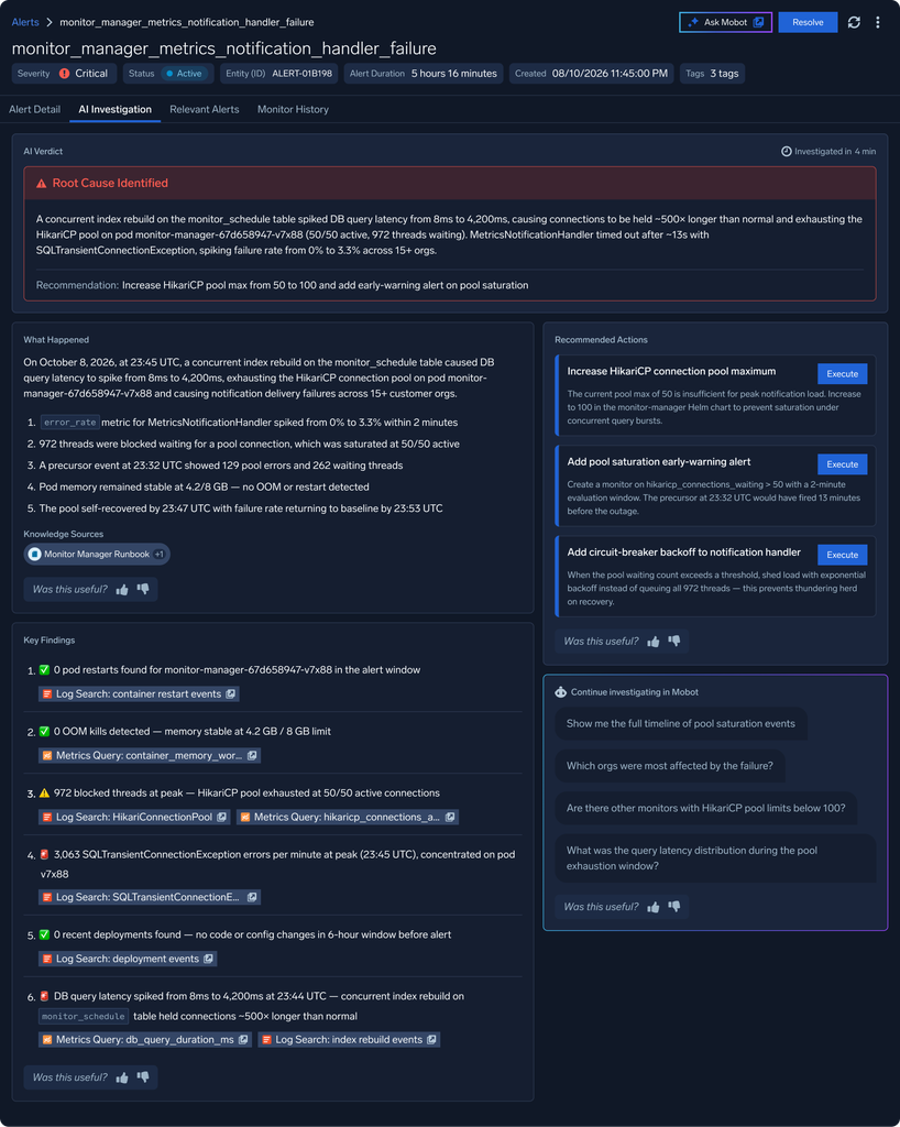 The Root Cause Agent: Bring an agentic approach to observability 4 Alert Detail AI Investigation