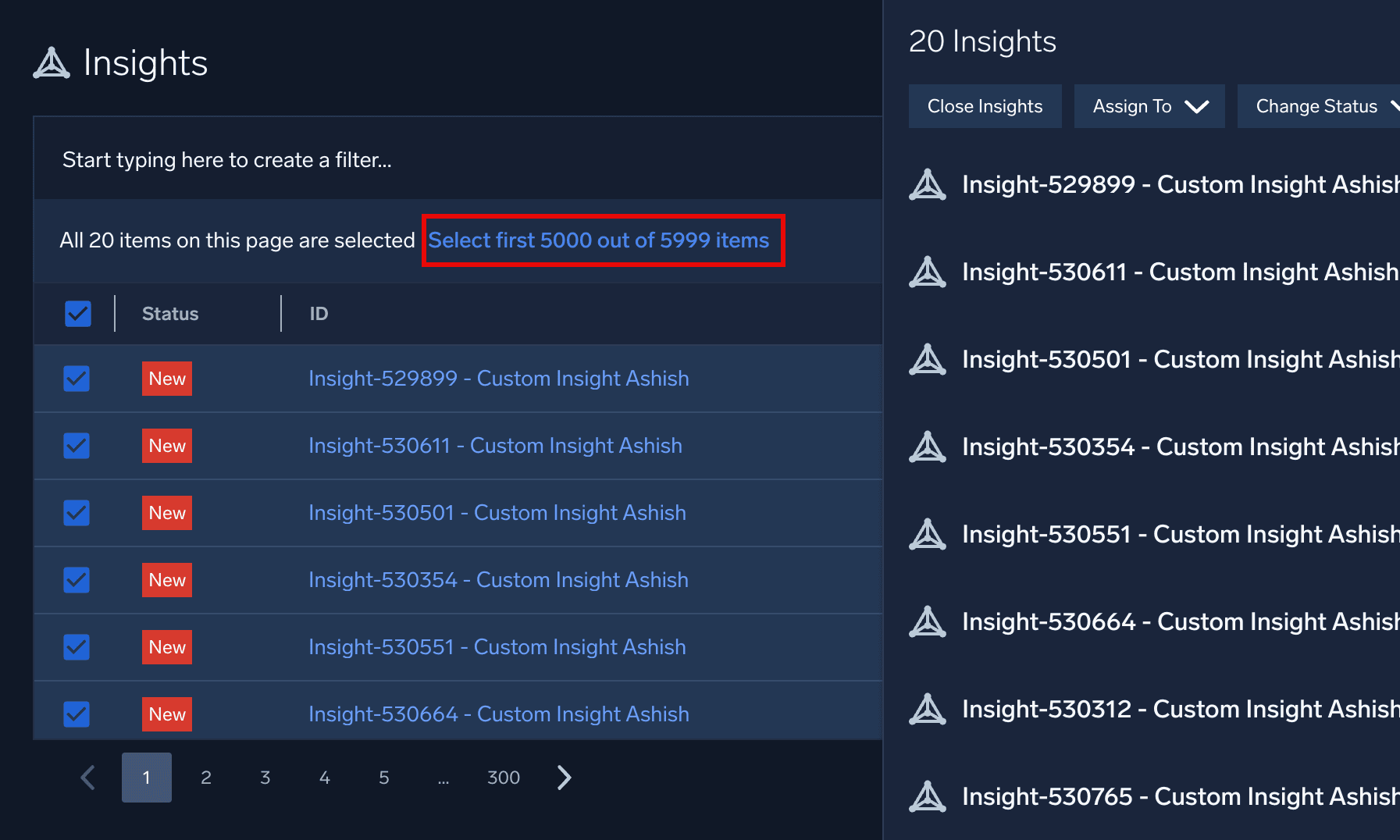 dashboard bulk insights