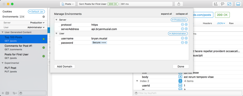 Paw’s Environment Editor shows all Domains and gives easy access to each Environment.